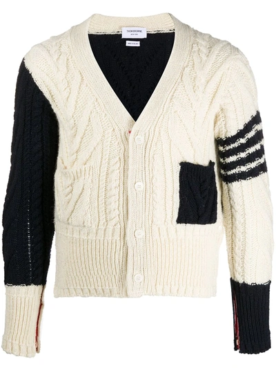 Shop Thom Browne 4-bar Aran Cable Knit Cardigan In White