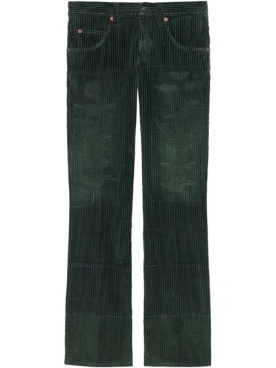 Shop Gucci Washed-effect Corduroy Wide-leg Trousers In Green