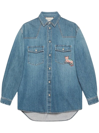 Shop Gucci Eco-washed Cat-patch Organic Denim Shirt In Blue