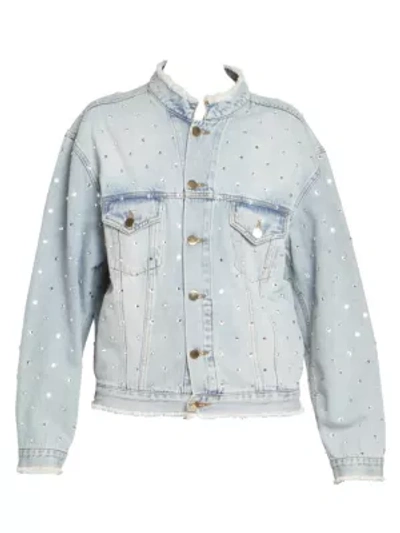 Shop Alexandre Vauthier Crystal Denim Distressed Rhinestone Jacket In Sky