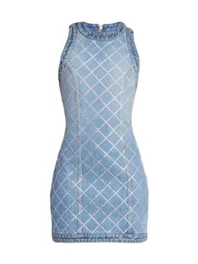 Shop Balmain Women's Strass Grid Denim Sleeveless Dress In Blue Jean Crystal