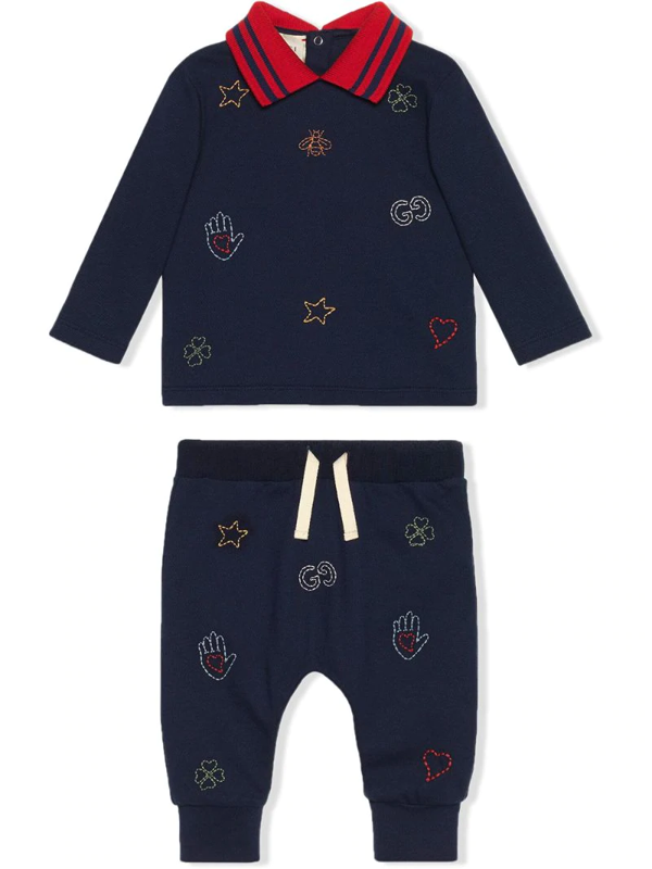 Gucci Babies' Embroidered Motif Polo Collar Tracksuit Set In Blue | ModeSens