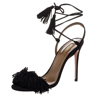 Pre-owned Aquazzura Black Suede Leather Wild Thing Fringe Details Ankle Wrap Sandals Size 37