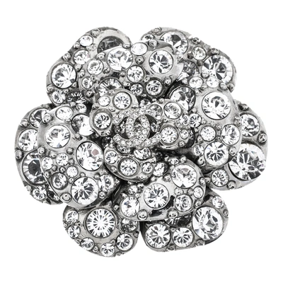 Pre-owned Chanel Silver Tone Crystal Camelia Pin Brooch