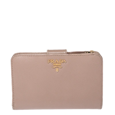 Pre-owned Prada Beige Saffiano Lux Leather Zip Around Compact Wallet
