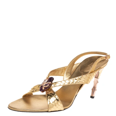 Pre-owned Gucci X Tom Ford Metallic Gold Python Snake-head Embellished Slingback Sandals Size 40.5