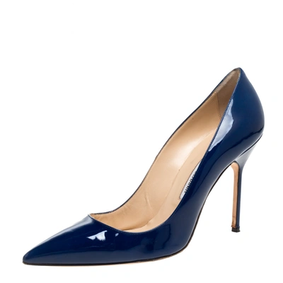 Pre-owned Manolo Blahnik Blue Patent Leather Bb Pointed Toe Pumps Size 40.5