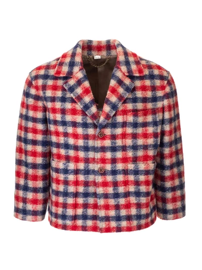 Shop Gucci Checked Wool Jacket In Red And Blue
