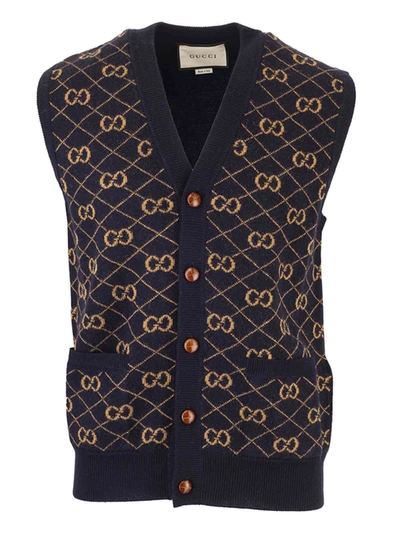 Shop Gucci Gg Wool Vest In Blue And Camel