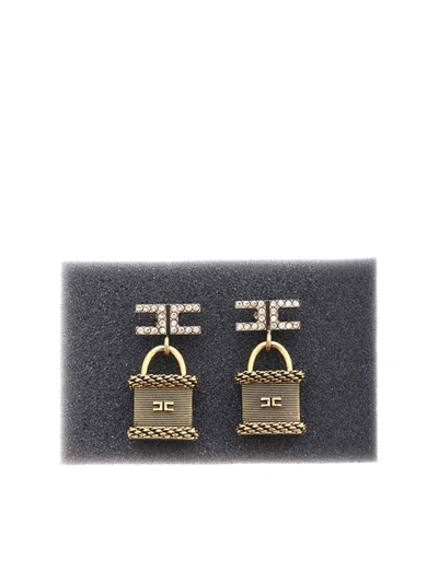 Shop Elisabetta Franchi Logo And Padlock Earrings In Gold