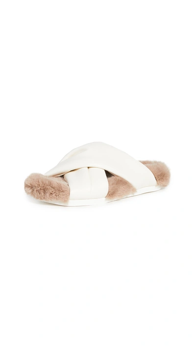 Shop Simone Rocha Cross Strap Slides With Shearling Lining In Cream/nude