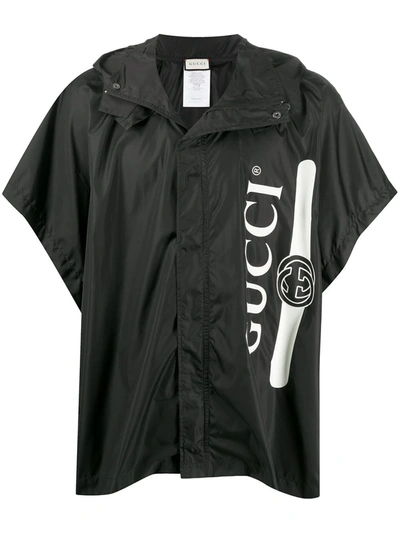 Shop Gucci Logo Print Hooded Cape Poncho In Black