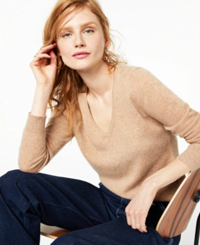 Shop Charter Club Women's 100% Cashmere V-neck Sweater, Created For Macy's In Heather Camel