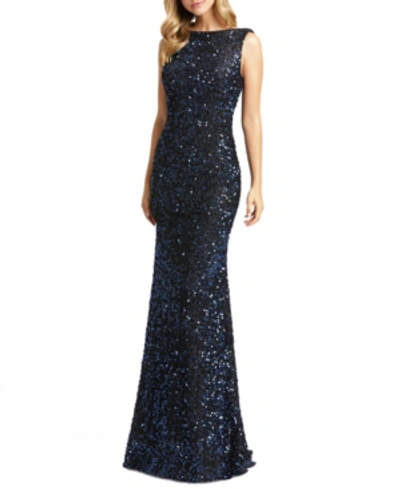 Shop Mac Duggal Sequin Draped-back Dress In Navy