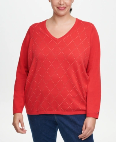 Shop Tommy Hilfiger Plus Size Ivy Cotton Argyle Sweater In Medium Red