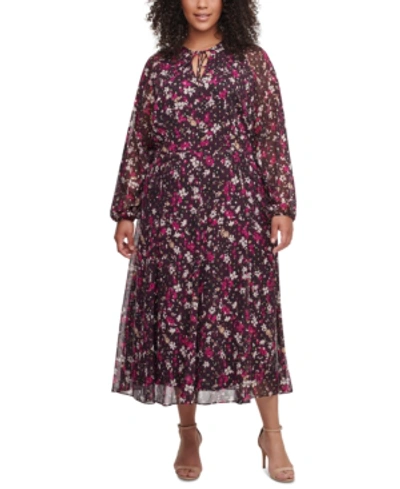 Shop Tommy Hilfiger Plus Size Carine Floral Midi Dress In Aubergine Multi