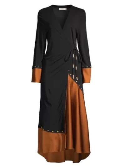 Shop Tory Burch Mixed Material Wrap Dress In Dark Amber