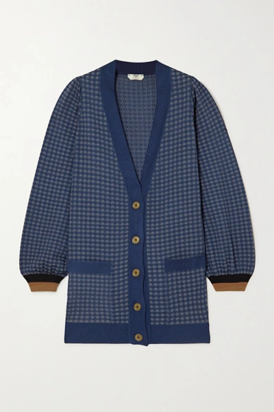 Shop Fendi Checked Silk-blend Jacquard-knit Cardigan In Blue