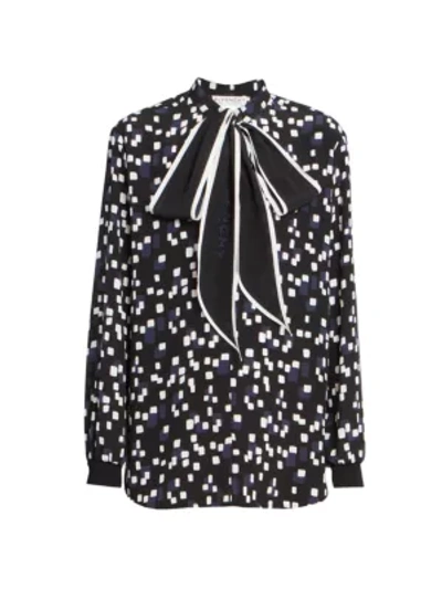Shop Givenchy Women's Tie-neck Printed Silk Blouse In Black White Navy