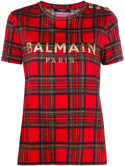 Shop Balmain Tartant-shirt With Logo In Red