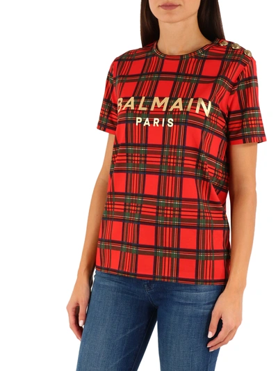Shop Balmain Tartant-shirt With Logo In Red
