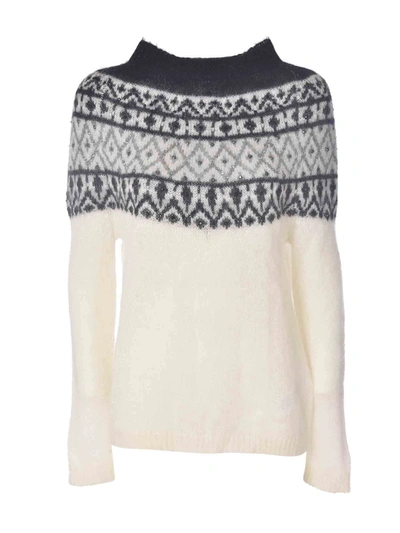 Shop Blumarine Pullover In Ivory Color Featuring Grey Intarsia In White