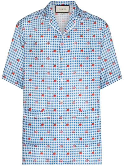 Shop Gucci Gingham Logo Apple Shirt In Blue