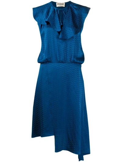 Shop Zadig & Voltaire Satin-jacquard Ruffle Trim Dress In Blue