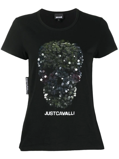 Shop Just Cavalli Embroidered Skull Logo T-shirt In Black
