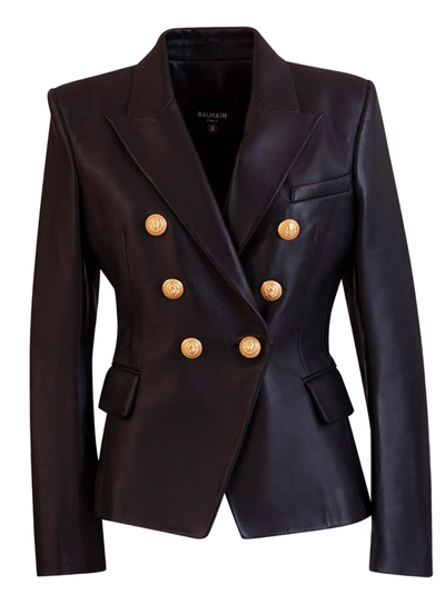 Shop Balmain Double-breasted Leather Blazer In Nero