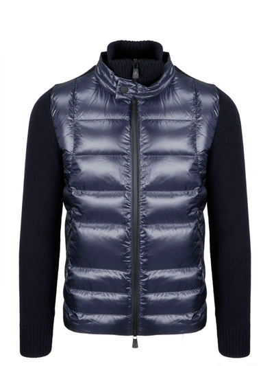 Shop Moncler Ribbed Quilted Nylon Cardigan In Blue