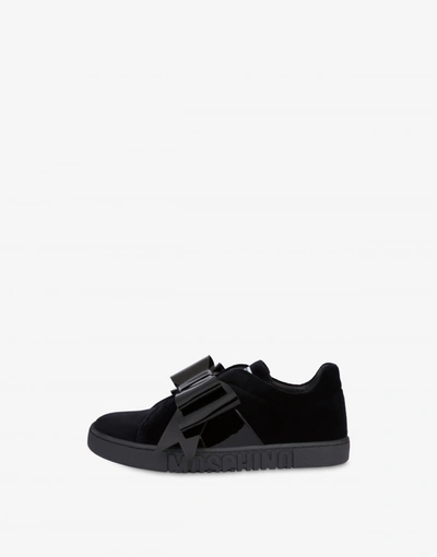 Shop Moschino Slip On Sneakers In Velvet Maxi Bow In Black