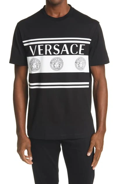 Shop Versace Stripe Medusa Logo Cotton T-shirt In Black