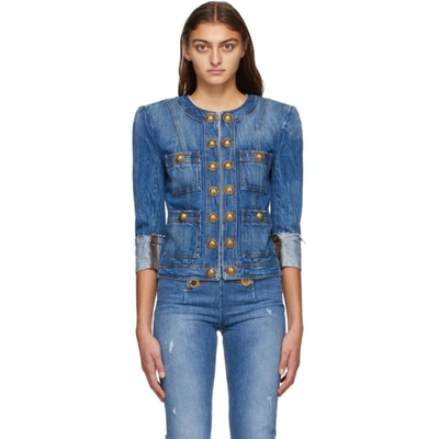 Shop Balmain Blue Denim Vintage Collarless Jacket In 6ff Blue Je