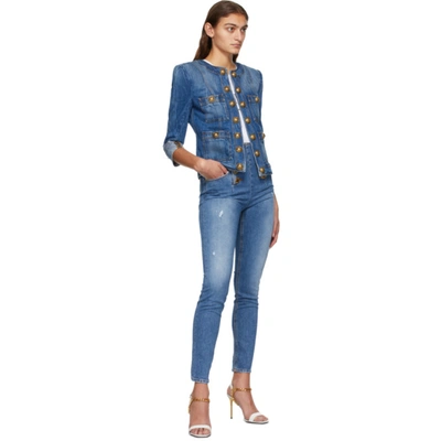 Shop Balmain Blue Denim Vintage Collarless Jacket In 6ff Blue Je