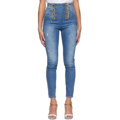 Shop Balmain Blue Eight-button Skinny Jeans In 6ff Denim