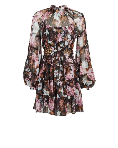 Shop Zimmermann Charm Tiered Floral Mini Dress In Black/pink