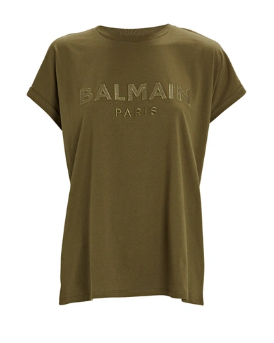 Shop Balmain Satin Logo T-shirt In Olive