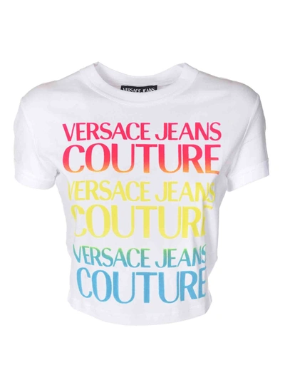 Shop Versace Jeans Couture Pink Yellow And Blue Logo Print T-shirt In White