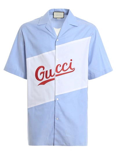 Shop Gucci Logo Lettering Embroidery Shirt In Light Blue