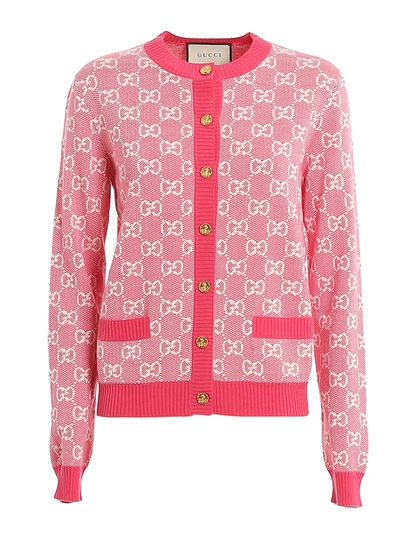 Shop Gucci Gg Patterned Wool Blend And Cotton Cardigan In Fuchsia