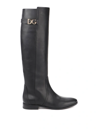 Shop Dolce & Gabbana Dg Logo Cow Leather Boots In Black
