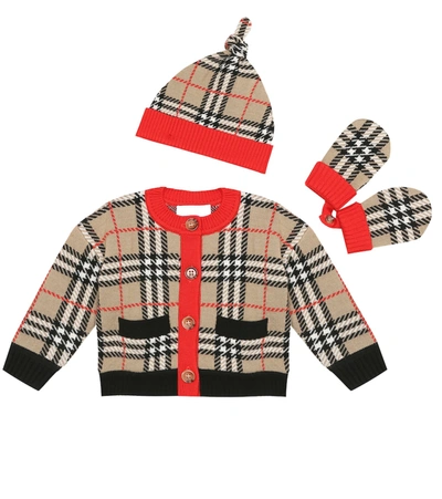 Shop Burberry Baby Vintage Check Cardigan With Beanie And Gloves In Beige