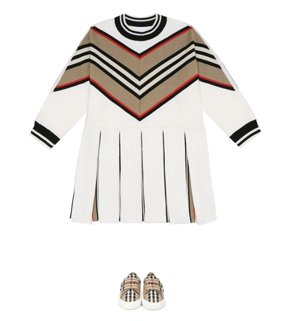 Shop Burberry Icon Stripe Wool-blend Dress In White