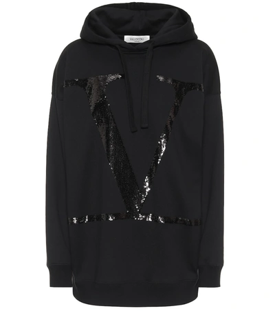 Shop Valentino Vlogo Sequined Cotton Jersey Hoodie In Black
