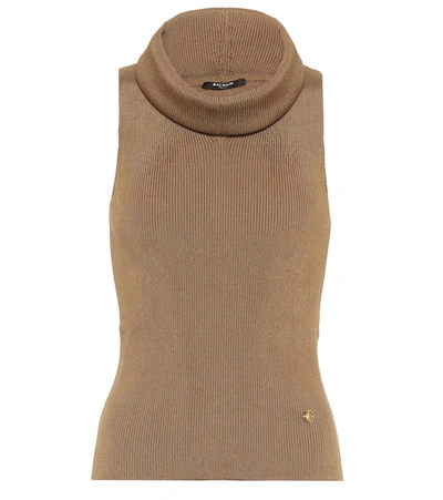 Shop Balmain Knit Turtleneck Tank Top In Brown