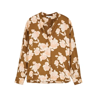 Shop Vince Brown Floral-print Silk-satin Blouse In Amber