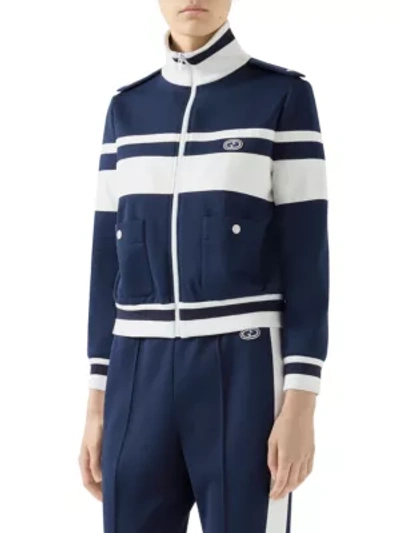 Shop Gucci Striped Jersey Zip Jacket In Blue White