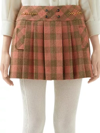 Shop Gucci Women's Optical Damier Wool Mini Skirt In Orange Brown