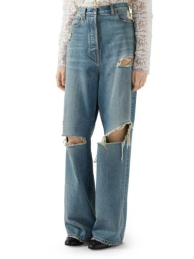 Shop Gucci Ripped Eco Washed Organic Denim Pant In Blue
